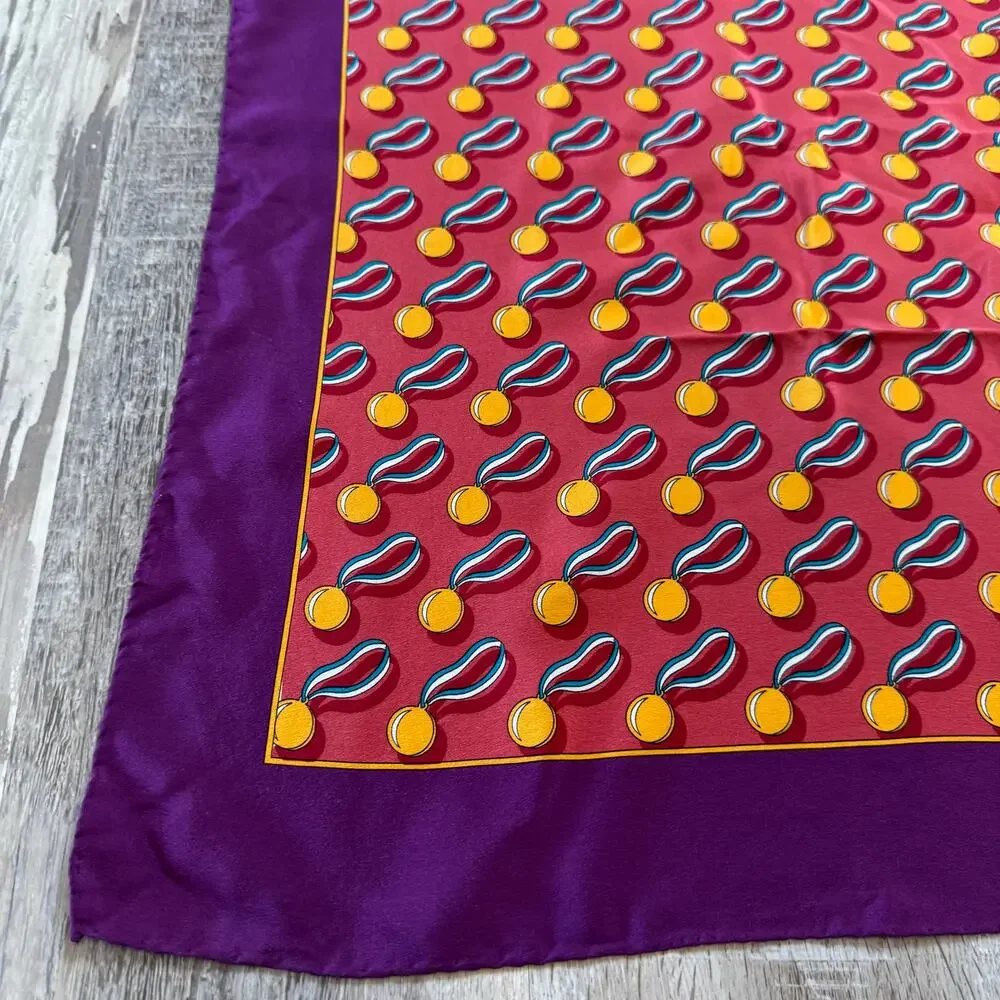 Vintage John Hancock Olympic Silk Scarf Purple Medal Print 33x33 Retro 80s 90s